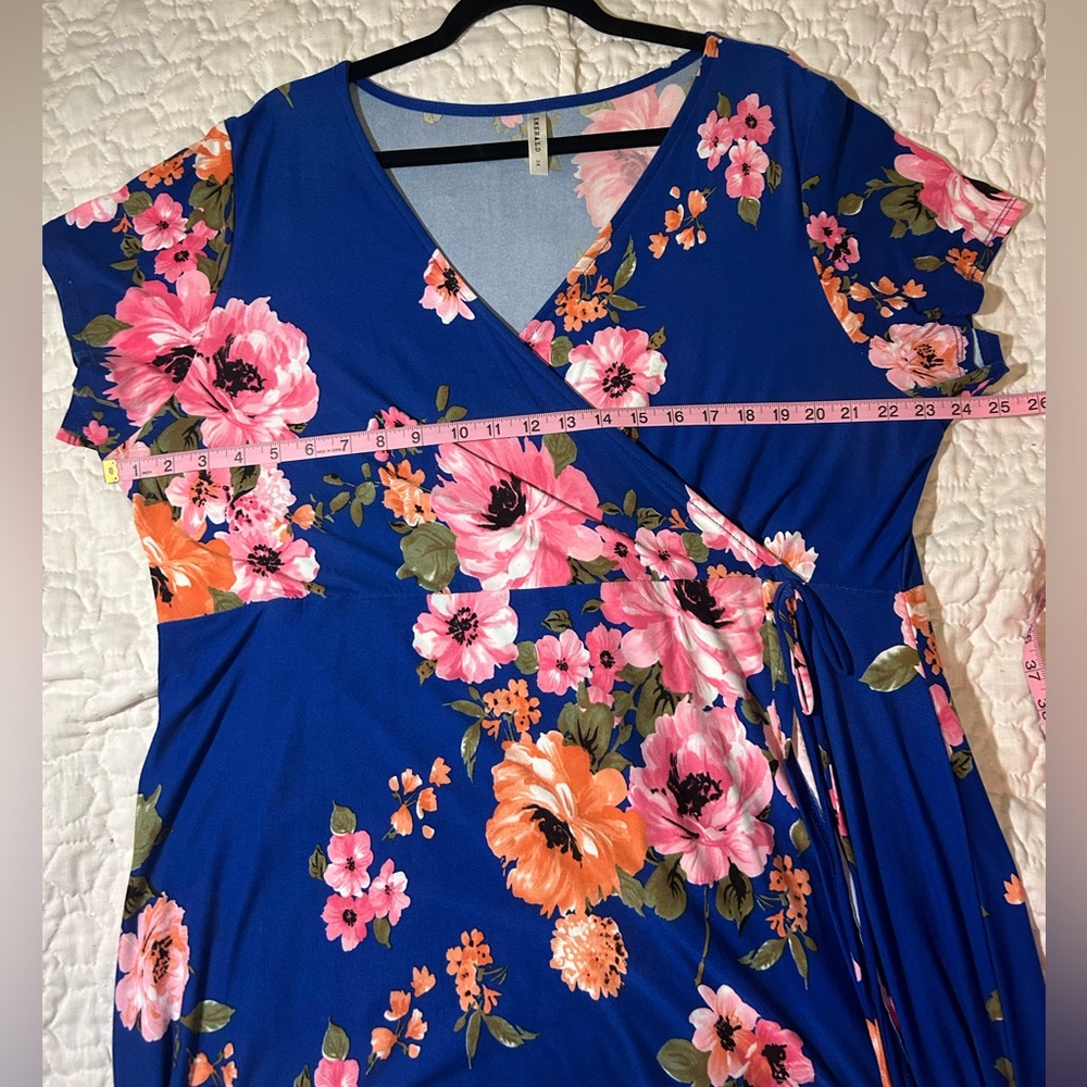 Floral Wrap Summer high low Dress in Blue with Pink & Coral Flowers super comfy - Picture 6 of 7